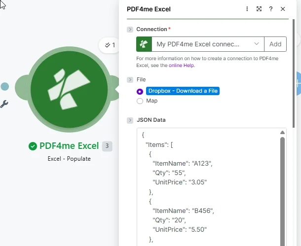Complete el módulo PDF4me Excel mostrando el campo Conexión, Archivo configurado como Dropbox - Descargar un archivo y un área de texto de datos JSON con una matriz de elementos que contiene los campos ItemName, Qty y UnitPrice.